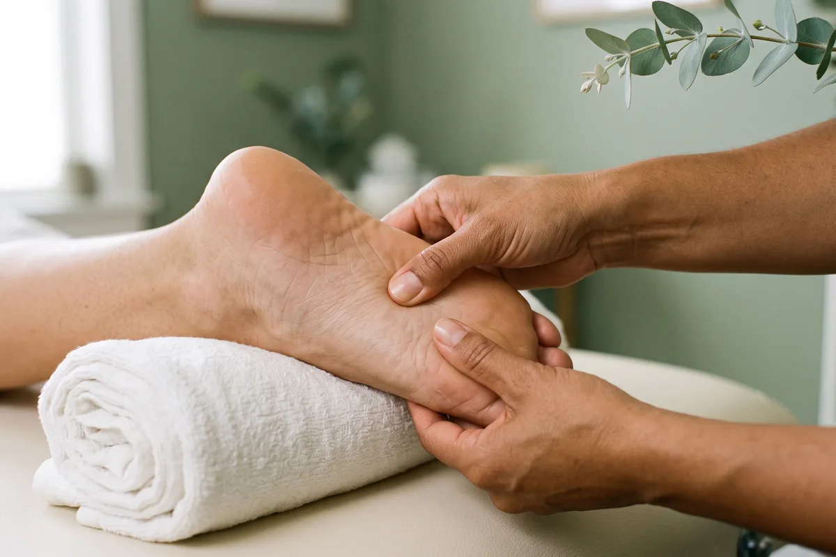 Séance de réflexologie plantaire avec pression manuelle sur la voûte du pied