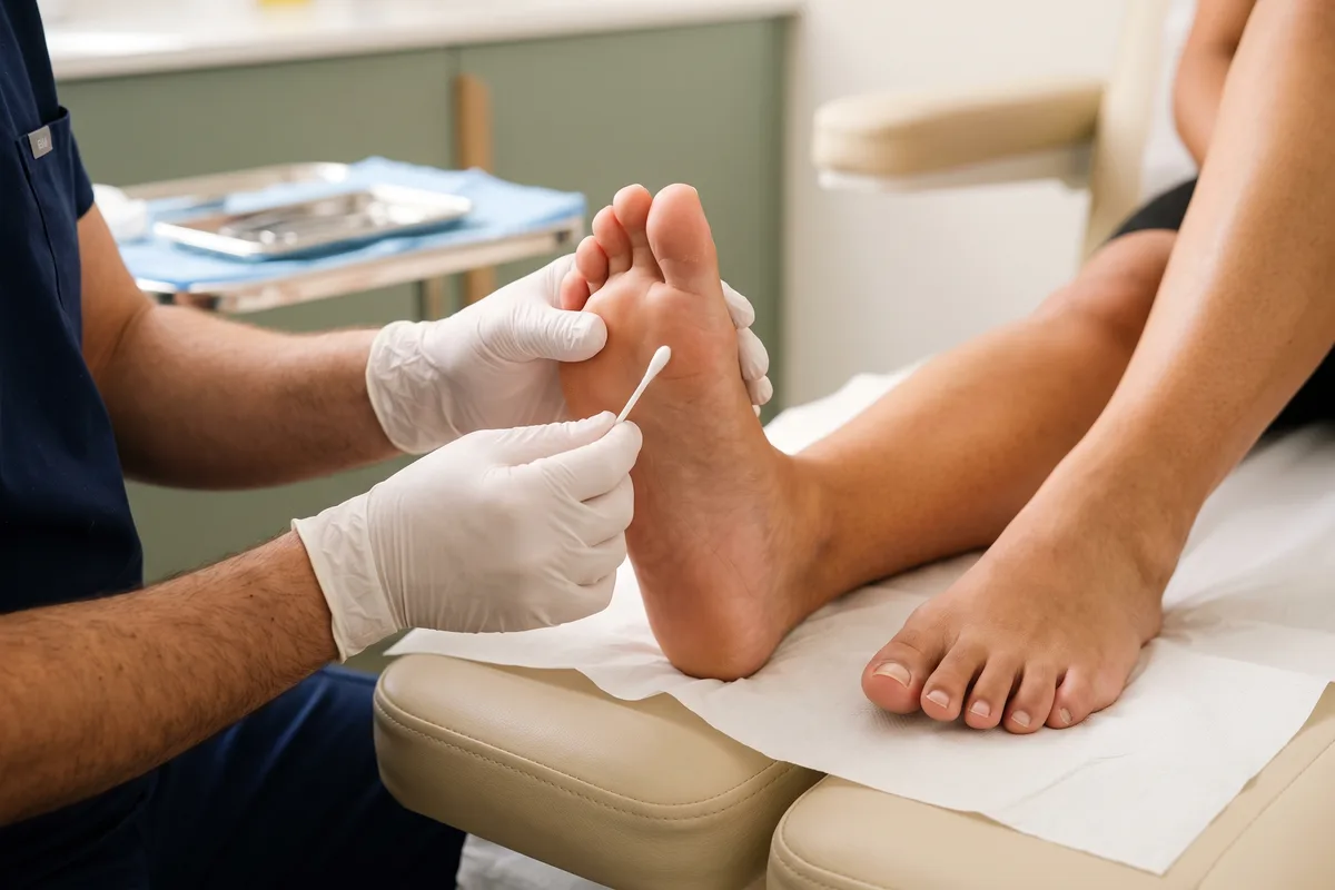 Examen attentif de la sensibilité du pied dans le cadre du suivi podologique du patient diabétique